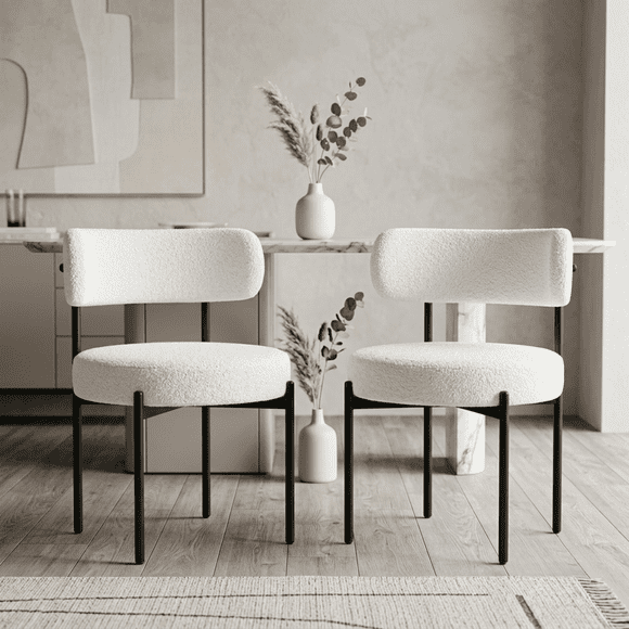 Maple North Modern Bouclé Dining Chairs Set of 2, Upholstered Round Kitchen & Dining Room Chairs with Black Metal Legs, Mid-Century Accent Side Chairs, White & Black