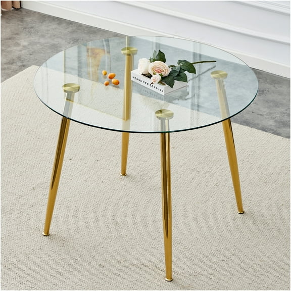 JERFIT 40 Inch Round Dining Table Gold Base, Modern Minimalist Glass Top Kitchen Table for 4-6 People, Small Space Breakfast Nook Table