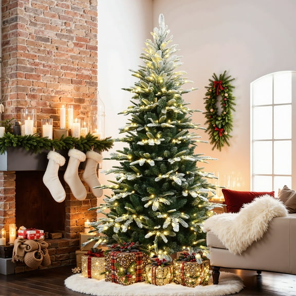 LuxenHome 7Ft Pre-Lit Flocked Fraser Fir Slim Artificial Christmas Tree