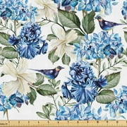 Ambesonne Flowers Vintage Fabric by the Yard Upholstery, Hydrangea Branches, 1 Yard, Blue Olive Green Eggshell