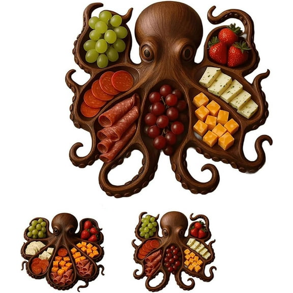 WovenWink Octopus Charcuterie Platter – 11" Octopus Design Wood Serving Tray, Ocean Themed Party Board for Cheese Meats & Fruit