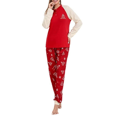 

Gureui Christmas Family Matching Parent-child Pajamas Set Tree Snowflake Print Long Sleeve Crew NeckTops + Long Pants/Jumpsuit Sleepwear