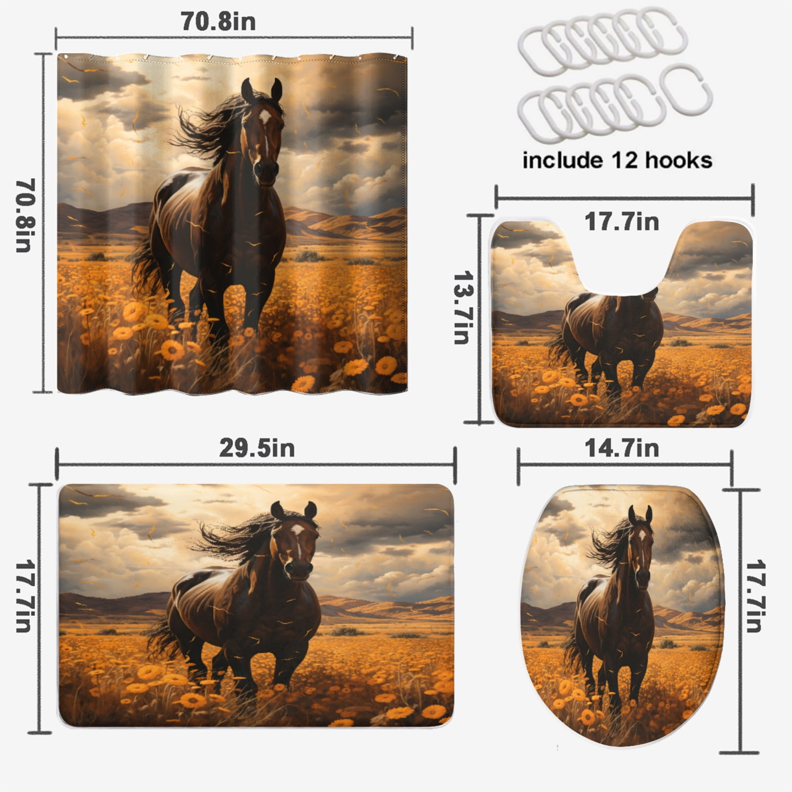 Horse Sunflower 4 Pcs Shower Curtain Set Western Wild Animal Country with Toilet Lid Cover, Bath Mat, Shower Curtains for Bathroom Rug Set, 72x72 Inch