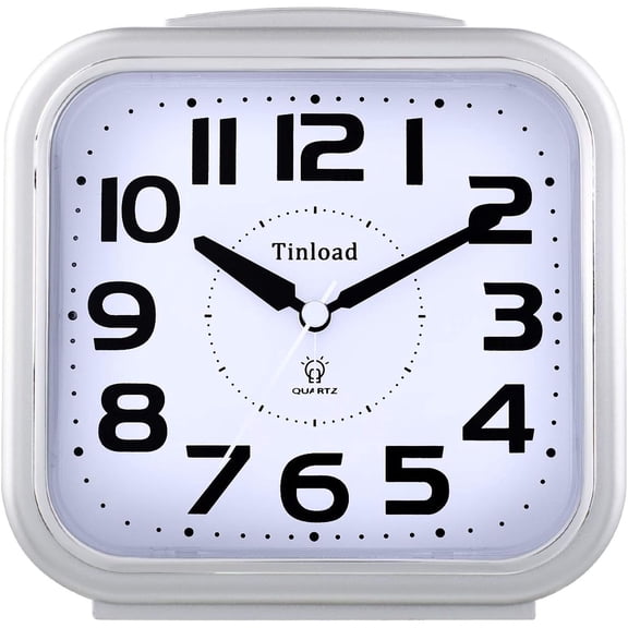 5.5" Large Analog Alarm Clock Silent Non Ticking, Gentle Wake, Beep Sounds, Increasing Volume, Battery Operated Snooze and Manual Light, Easy Set, Silver
