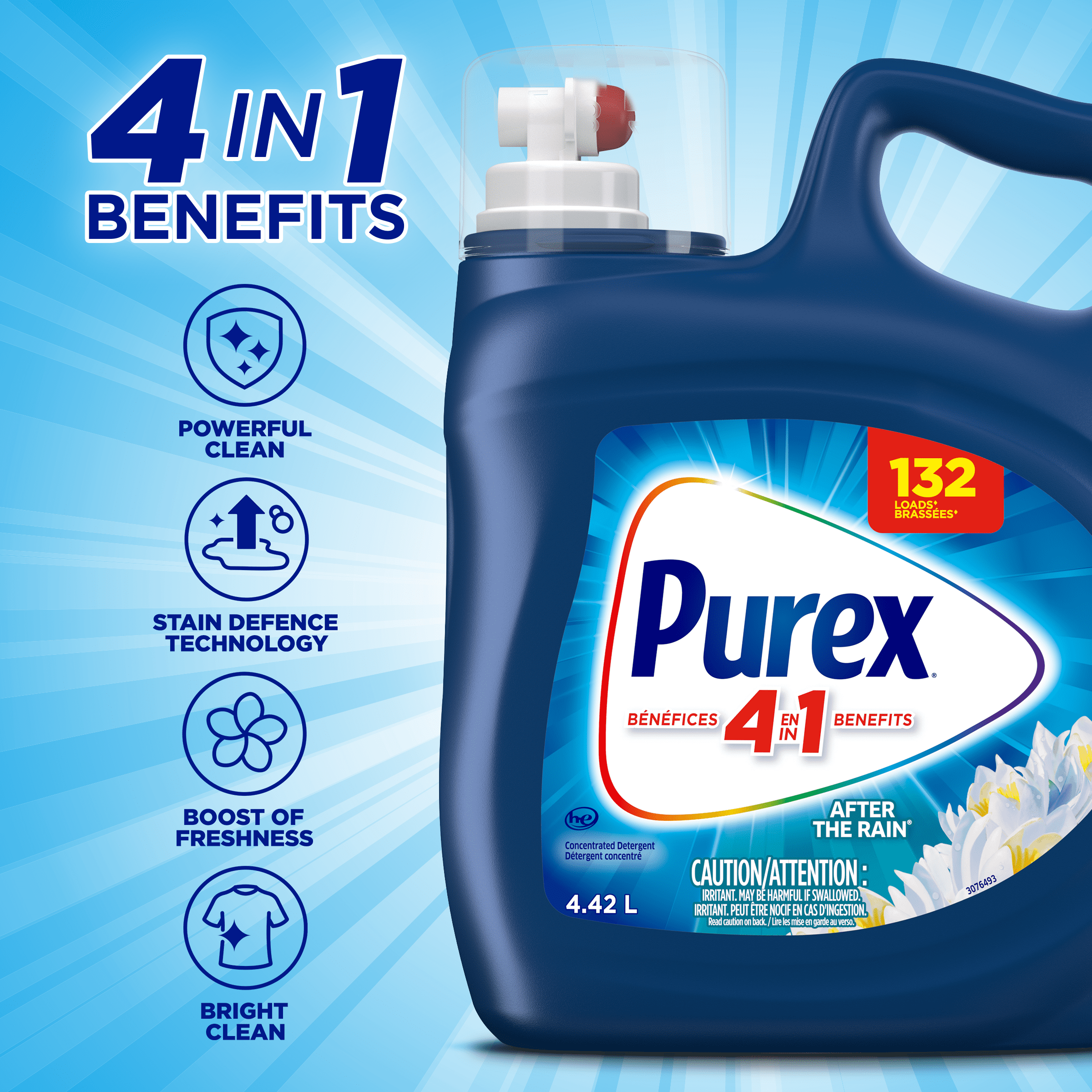 Purex After the Rain, Concentrated Liquid Laundry Detergent with 4in1 benefits, Tough on Stains, Brightens and Whitens Clothes, 4.42L, 132 Wash Loads, HE Compatible, 1 bottle