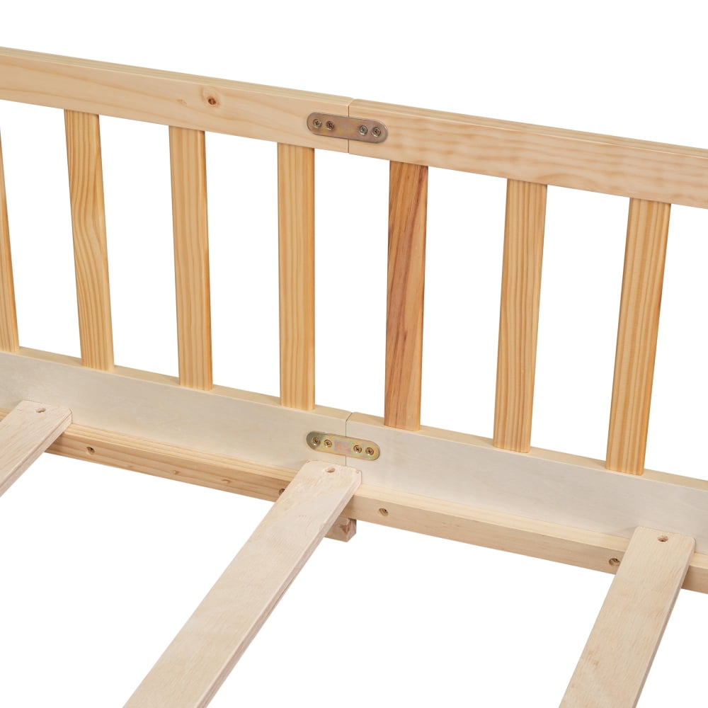 Queen Size Floor Platform Bed with Safety Fence Guardrails and Door, Durable Montessori Floor Bed with with Wood Slats, Floor Height Queen Bed Frame for Kids Boys Girls and Teens, Natural