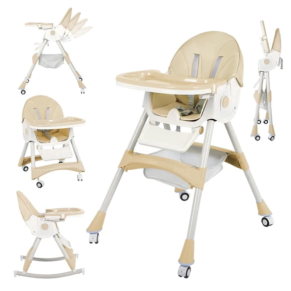Cochildor 6 in 1 Foldable High Chair, Convertible High Chair for Baby&Toddler, with 5 Point Harness, Beige
