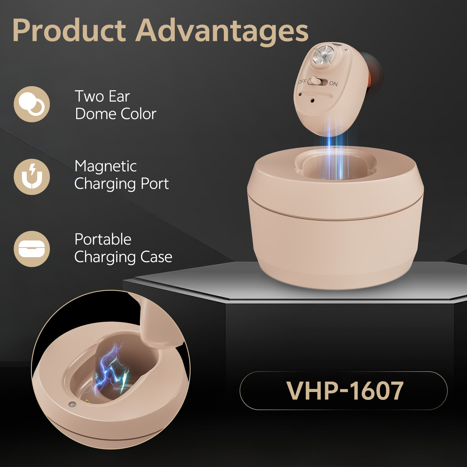 Delmicure Hearing Aids for Seniors Rechargeable with Noise Cancelling, Invisible, VHP-1607, Single, Beige