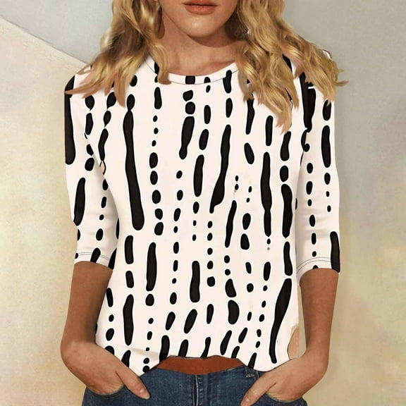 LYEAA Linen Cotton 3/4 Sleeve Tops Women Printed Round Neck T-Shirt Wrinkle Resistant Casual Beachwear Lounge Multicolor S