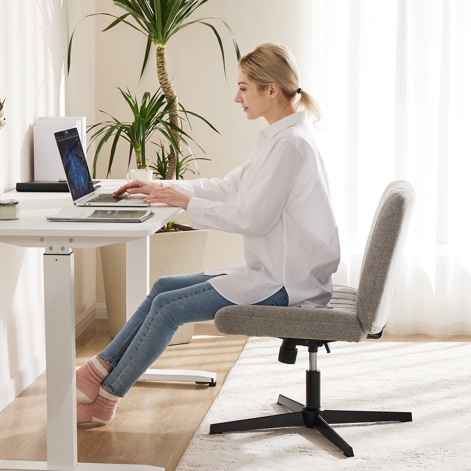 Office Chair Armless Criss Cross Legged Chair No Wheels, Comfy Home Office Desk Chairs, Adjustable Swivel Padded Fabric Vanity Task Computer Chair