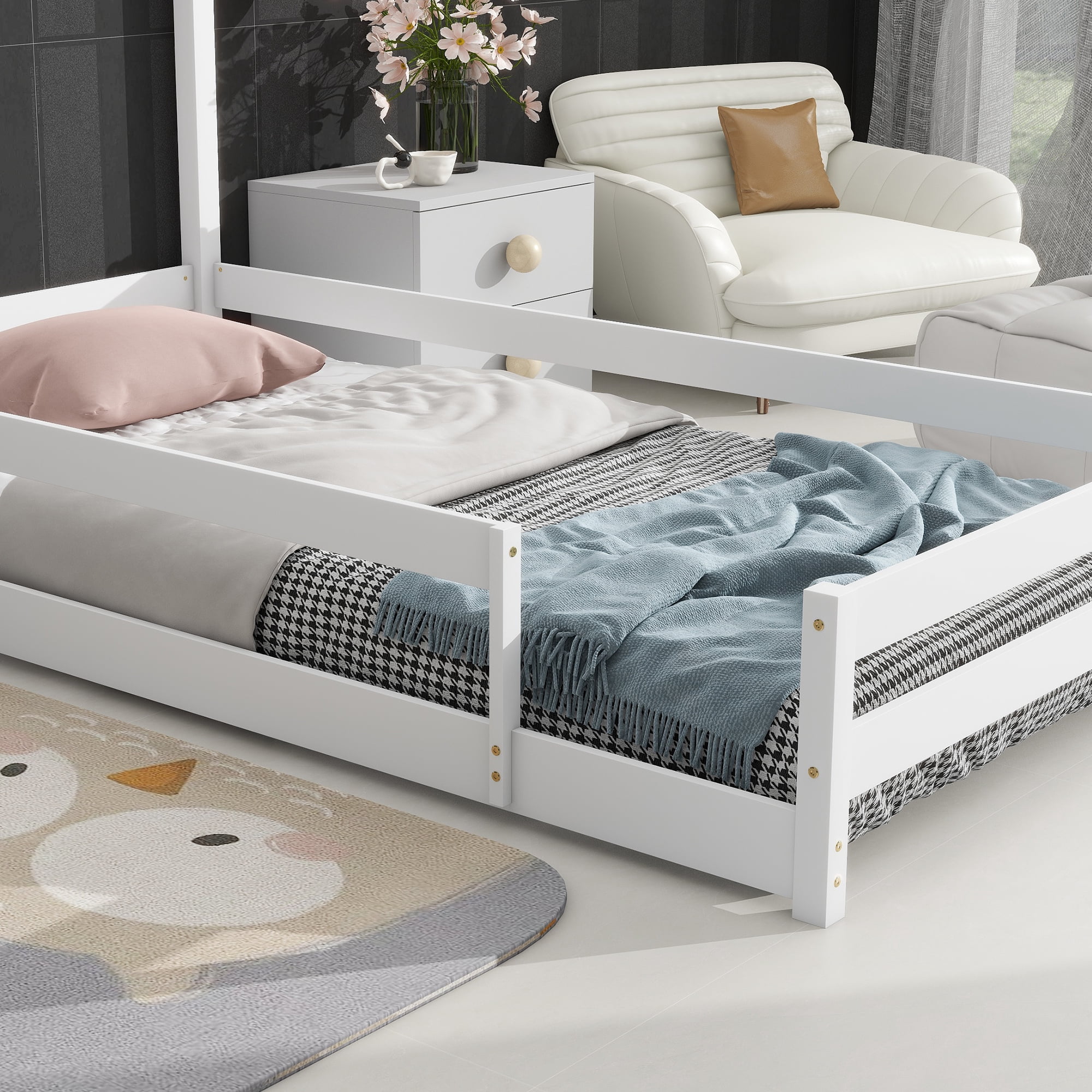Euroco Twin Size House Bed, Low Profile Floor Bed with Chimney, White