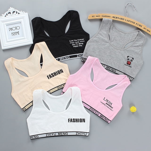 Letter Teens Girls Sports Bra Puberty Underwear Wireless Teenager Girls Sport Bra Chest Pad Cotton Young Girls Training BraWhite He Qiyong unisex