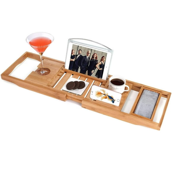 Utoplike Bathtub Caddy Tray, Bamboo Tub Tray with Sliding Towel Holder, Bath Table with Book Holder, Phone Stand and Adjustable Book Reading Rack, Tablet Slots