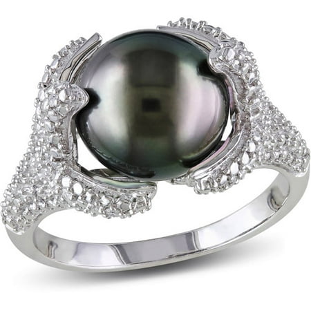 10-10.5mm Black Round Tahitian Pearl with Black and White Diamond Accent Sterling Silver Cocktail Ring