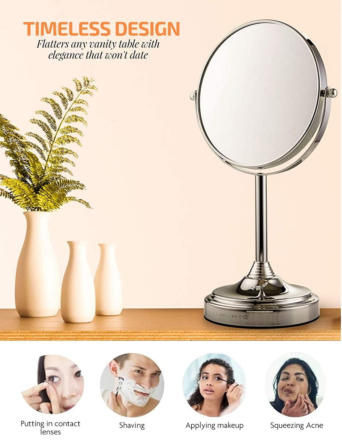 Ovente 7" Tabletop Round Makeup Mirror with Stand, 1X & 7X Magnifier, Polished Chrome MNLCT70CH1X7X