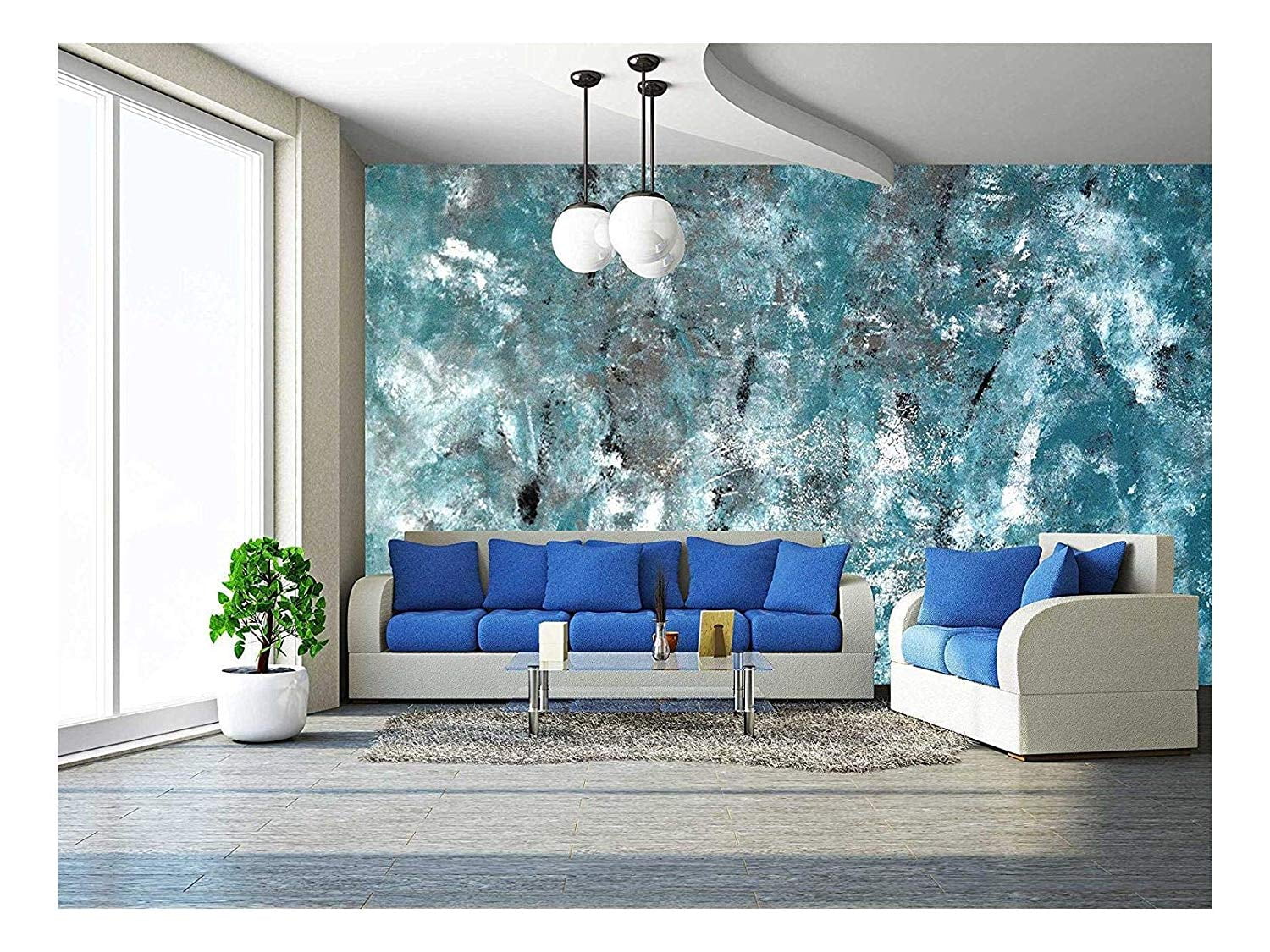 Wall26 Teal and Grey Abstract Art Painting - Removable Wall Mural