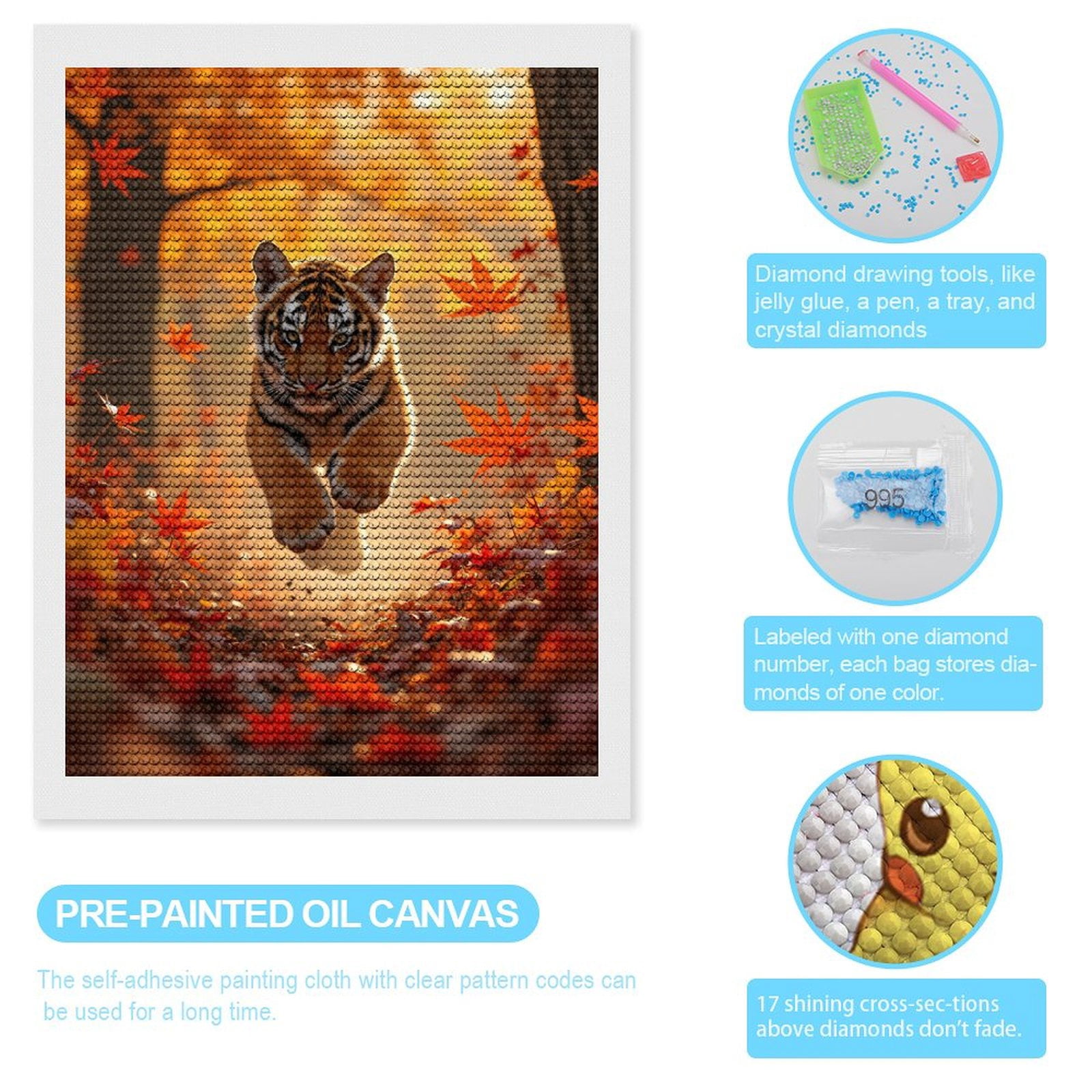 Diamond Art Kits for Adults, Tiger Cub Autumn Leaves Running 5D Diamond Painting Kits for Adults Beginners, DIY Full Drill Diamond Painting, Gem Art and Crafts 12x16