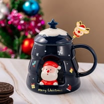 AuroraX Cute Christmas Mugs with Spoon Minimalist 12 Oz Ceramic Travel Santa Coffee Mug with Lid and Handle Funny Novelty Cup Birthday Gifts for Women Men Office Coworkers(Blue)
