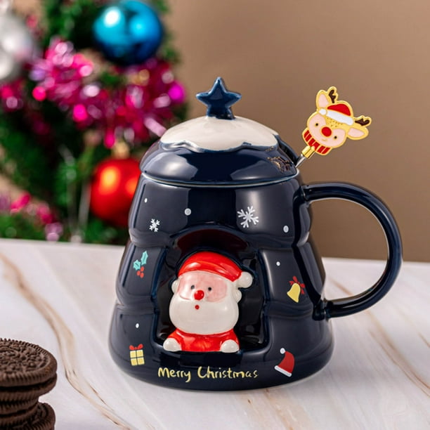 Taza de cerámica navideña con tapa de cuchara, gran capacidad, para el hogar, con forma de calabaza