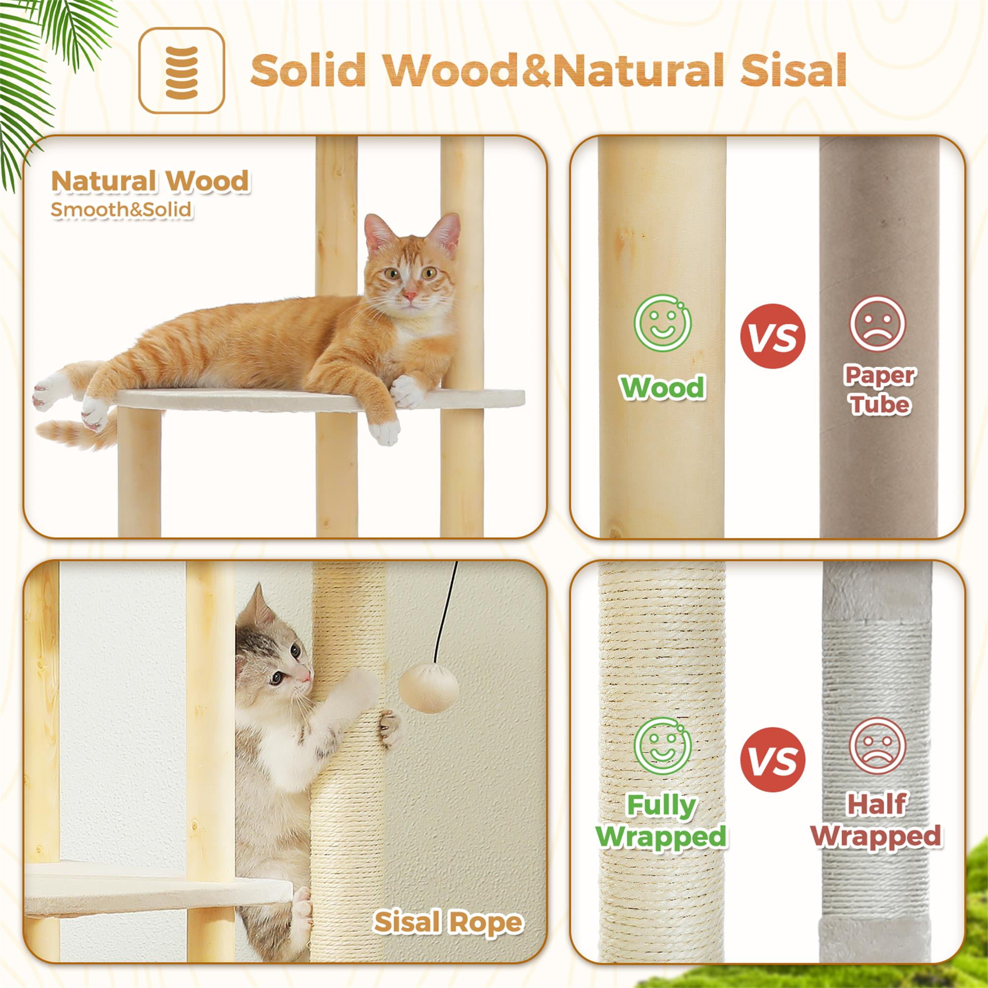 resenkos 53" Modern Wooden Cat Tree Tower for Indoor Cats, Multi-Level Cat Condos with Long Scratching Posts and Scraping Columns, Gray