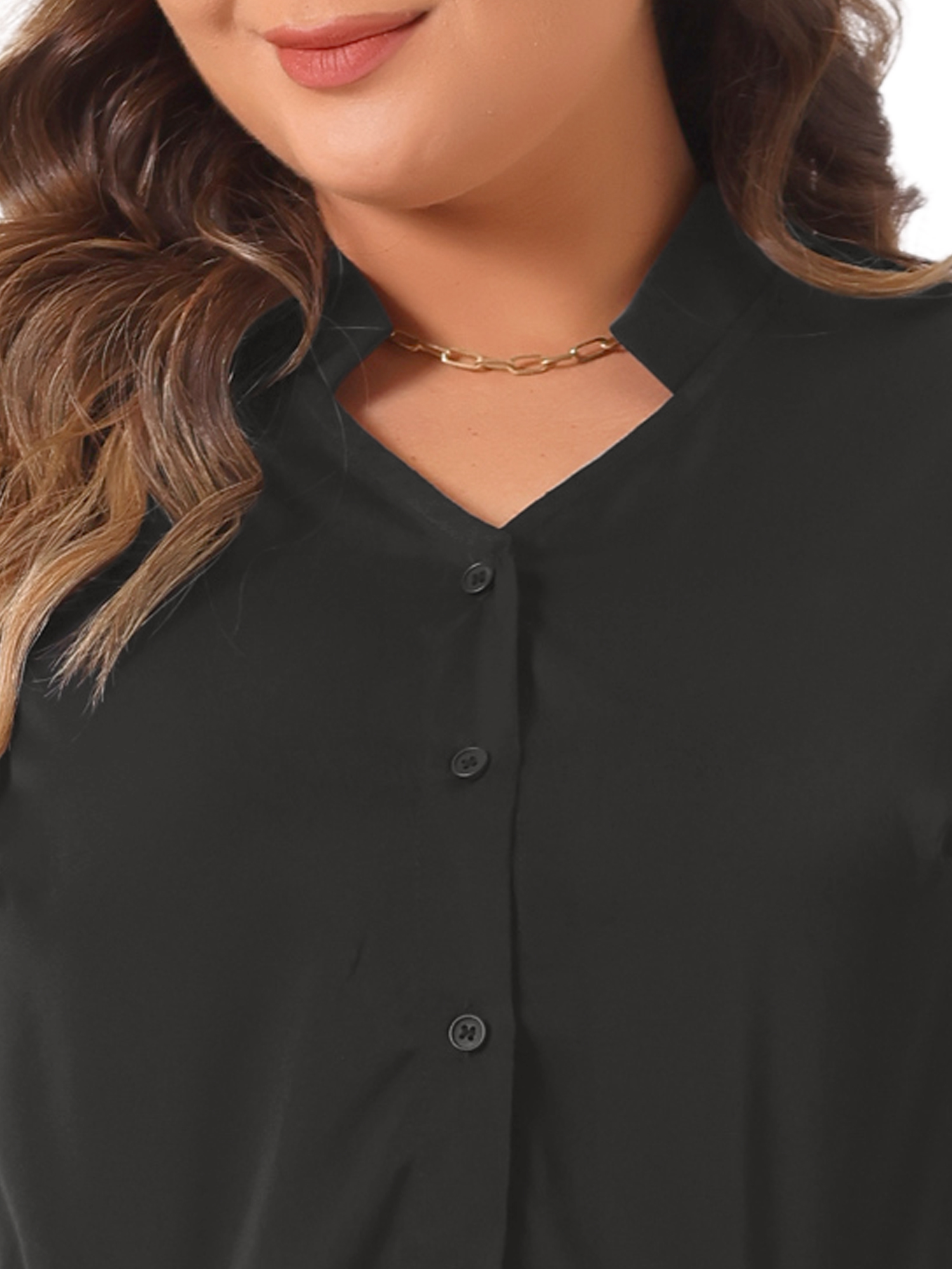 DARING DIVA Women's Plus Size Button Up Notch V Neck Long Sleeve Blouses 1X Black
