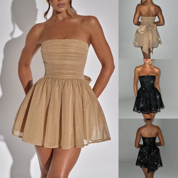 Antinious Ladies Summer Dress,Elegant Dresses for Women,Evening Dresses for Women Solid Sleeveless Backless With Glitter Tight Fitting Formal Off the Shoulder Dress,Black,M