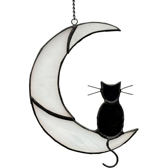 Black Cat Decor On White Moon Stained Glass Window Hanging Suncatcher for Windows Panels Sun Catcher Halloween Ornament Decoration Memorial Gift Cat for Lover Cat Loss.