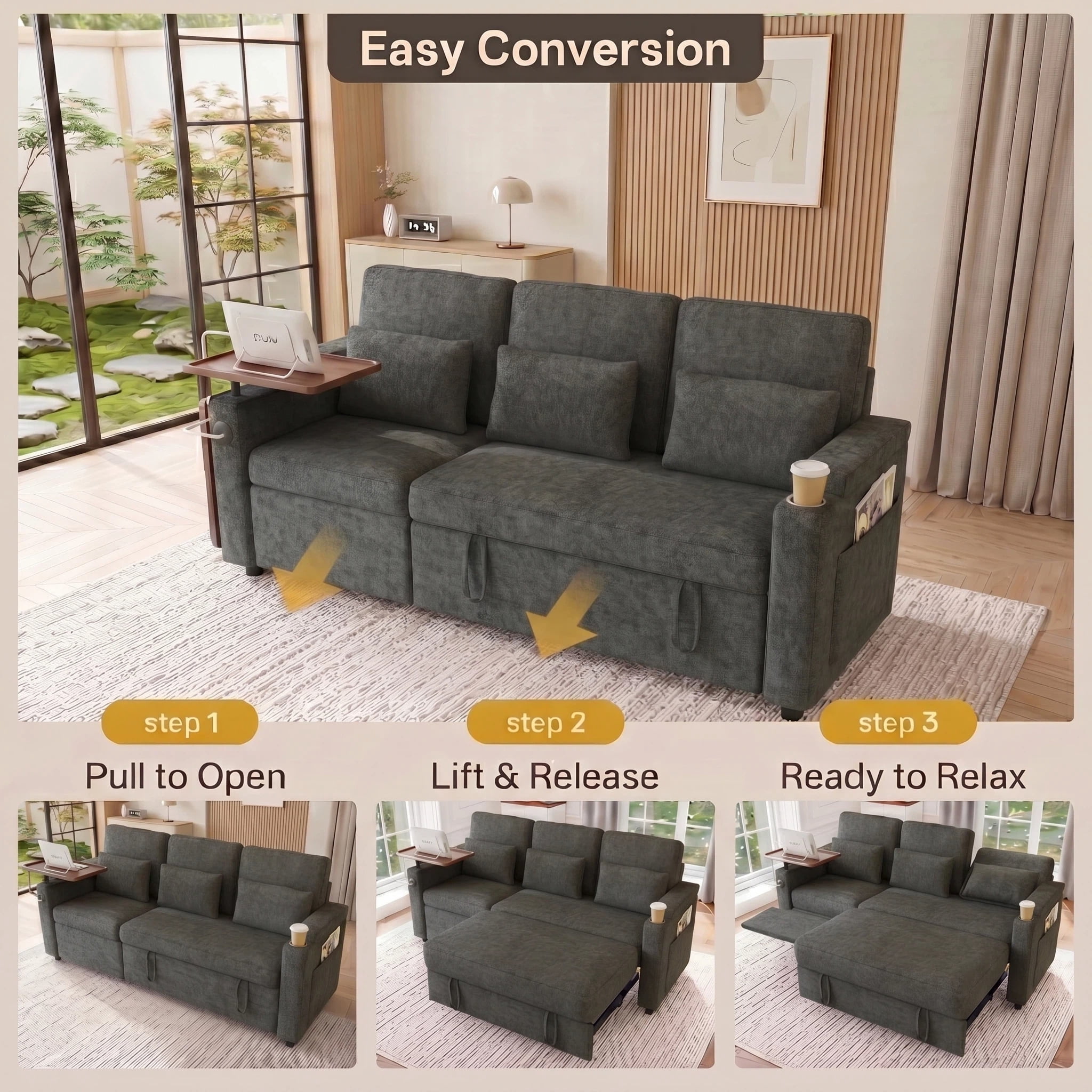 AISWORD 83" 3-in-1 Convertible Pull Out Sofa Bed, 6 Position Adjustable Sleeper Couch with USB Ports, Laptop Table, Cup Holders & Side Storage Pockets, Grey