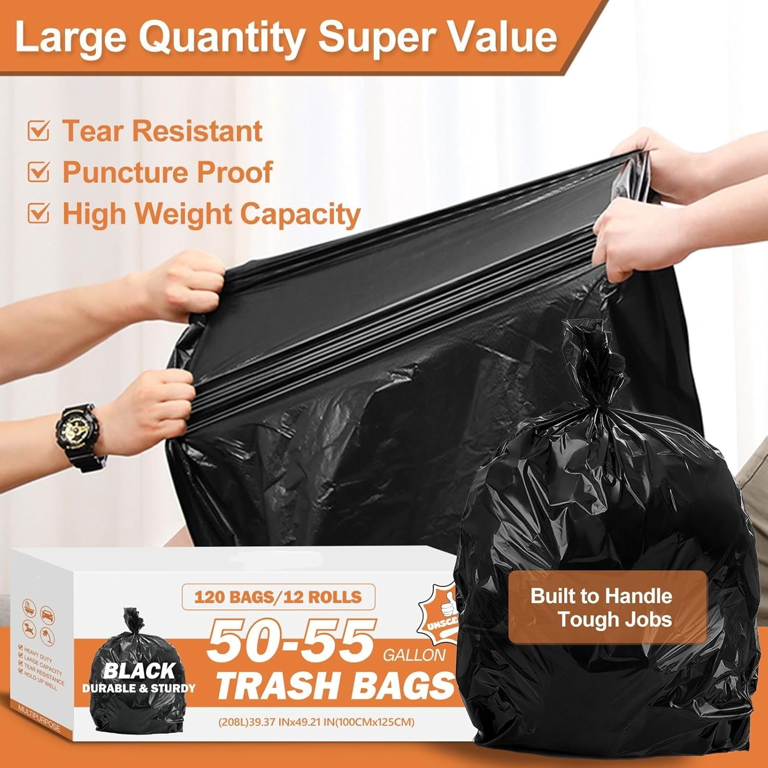 50-55 Gallon Black Trash Bags 120 Count - 40''x50'' Extra Large 50+ Gallon Garbage Bags