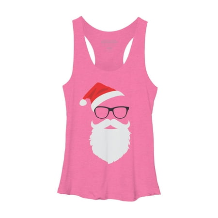 Hipster Santa Face with Hat beard & Glasses Christmas Womens Pink Heather Graphic Racerback Tank Top - Design By Humans S