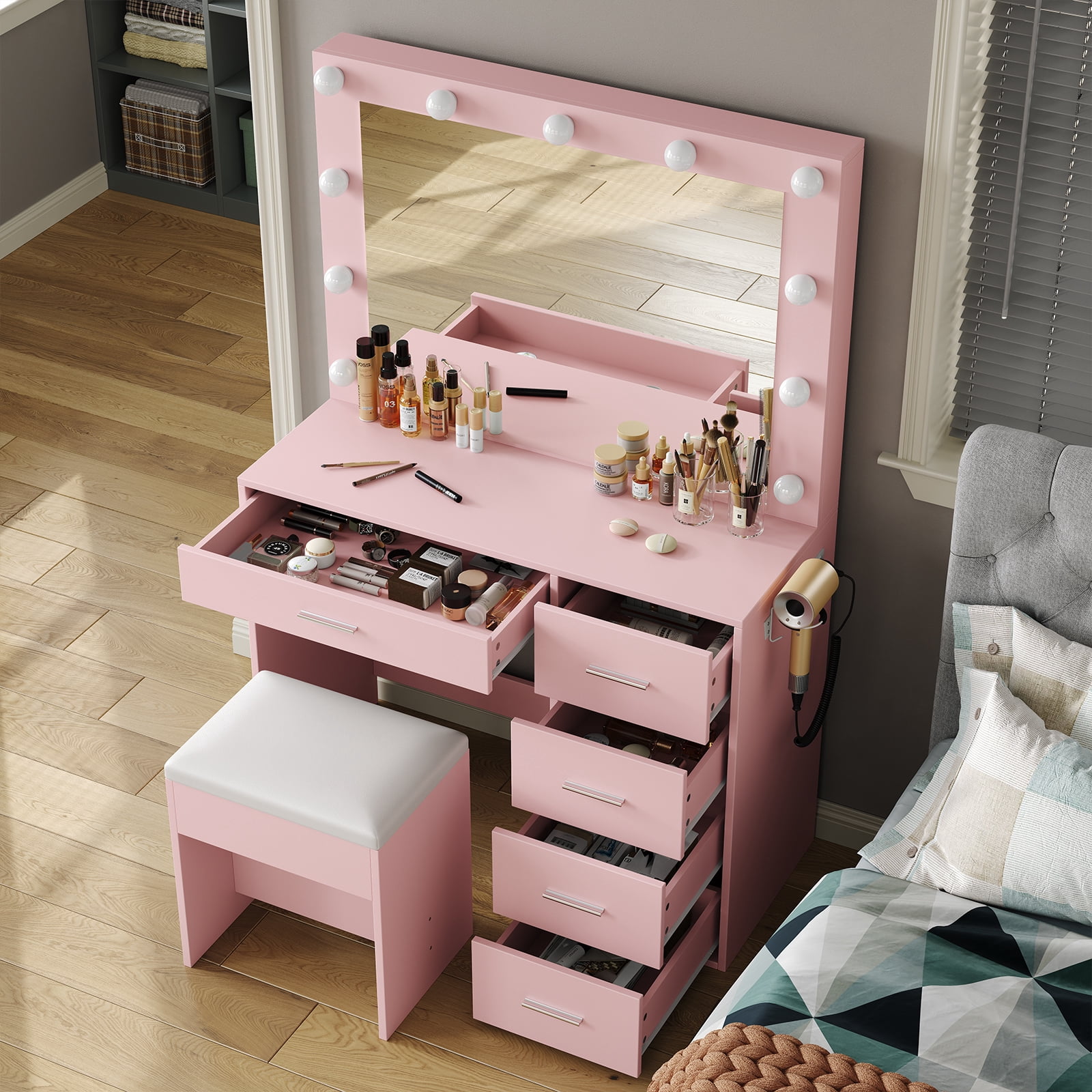 Yanosaku Lighted Vanity Desk with Mirror, Adjustable 3-Mode LED Lights, 5 Storage Drawers, Stool Included, White