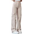 thumbnail image 2 of Pantalones vaqueros cargo de pierna recta para mujer, cintura alta, ajuste relajado, pantalones cargo de mezclilla, pantalones casuales holgados con bolsillo con solapa, 2 of 5