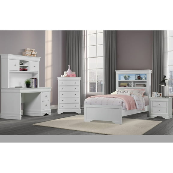POMPEI METALLIC WHITE BOOKCASE TWIN BED WITH DESK AND HUTCH, NIGHTSTAND AND CHEST