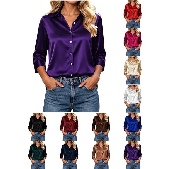 Shirts for Women Zaewscy Women's Satin Button Down Shirt Point Collar 3/4 Sleeve Elegant Casual Blouse Purple M