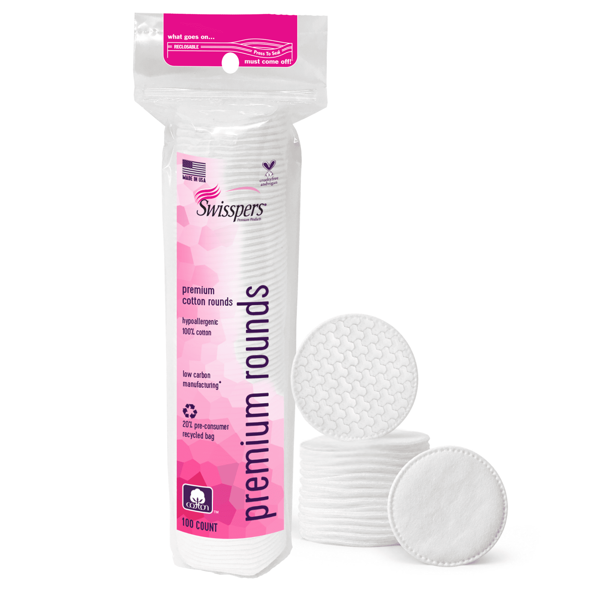 Swisspers Premium Cotton Rounds, 100% Pure Chlorine Free Cotton, Dermatologist Tested, Soft, Strong, Sensitive Skin Safe, Absorbent, Hypoallergenic, Cruelty-Free, Paraben Free, 100 Pads