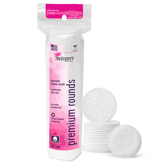 Swisspers Premium Cotton Rounds, 100% Pure Chlorine Free Cotton, Dermatologist Tested, Soft, Strong, Sensitive Skin Safe, Absorbent, Hypoallergenic, Cruelty-Free, Paraben Free, 100 Pads