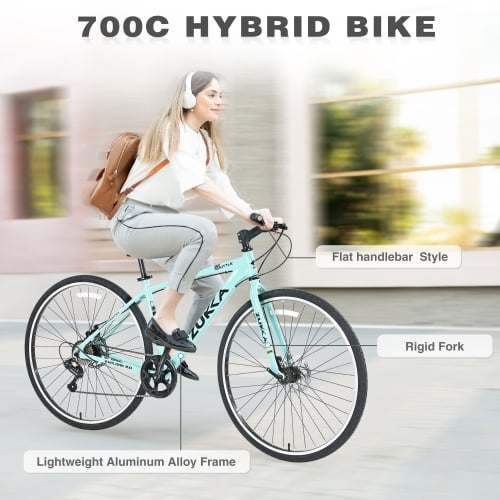 Aezusy Mountain Bike, 7 Speed Aluminum Alloy Frame 700C Hybrid Bike Road Bike for Ages 16+, Fits Riders 5'3"-5'8", Men Women's City Bicycle, Green