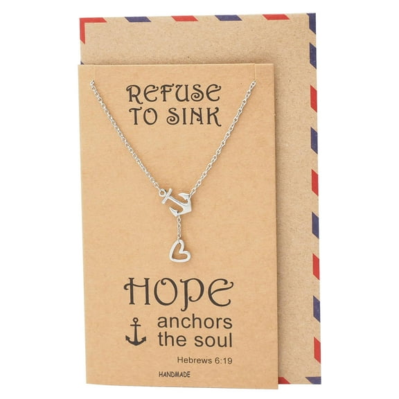 Quan Jewelry Anchor Necklace, Nautical, Silvertone, Inspirational Quotes on Greeting Card, 16-inch to 18-inch (Two Tone)