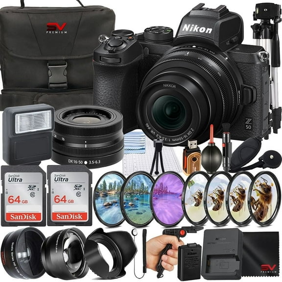 Nikon Z50 Mirrorless Camera with 16-50mm Lens   SanDisk 64GB Memory Card   Pistol Grip Tripod   SV Premium Accessory Bundle (International Version)