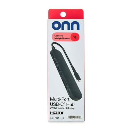 onn 7-in-1 USB-C Adapter with 100W USB-C 3.2 Gen. Power Delivery, USB 3.0, 4K HDMI, SD/TF Memory Card Reader, 4", Greystone