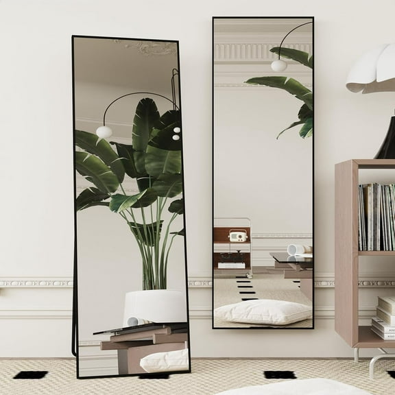 59" x 16" Tall Full Length Mirror with Stand, Black Wall Mounting Full Body Mirror, Metal Frame Full-Length Tempered Mirror for Living Room, Bedroom