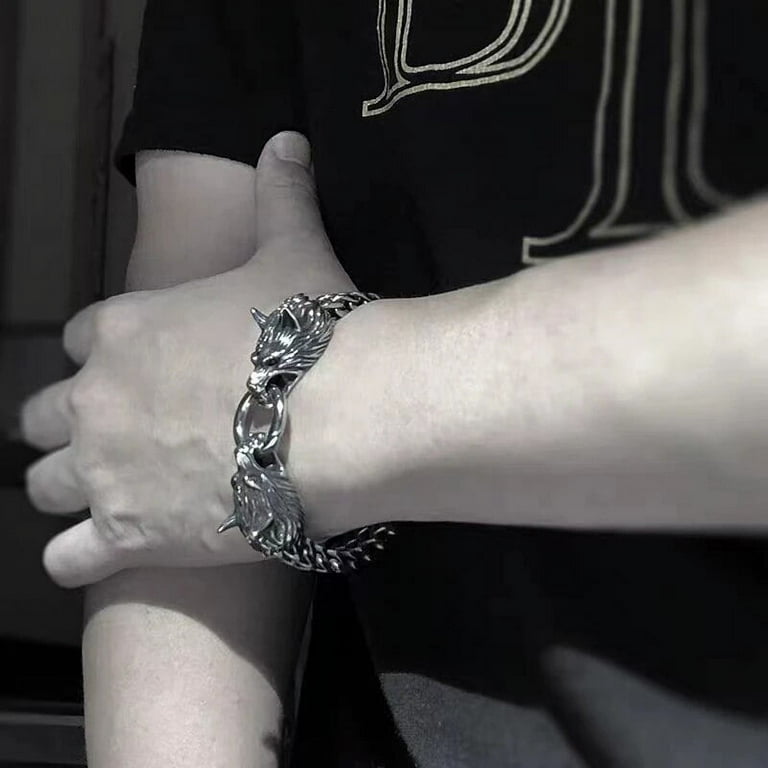 Stainless Steel Nordic Double Wolf Head Bracelet Men\'s