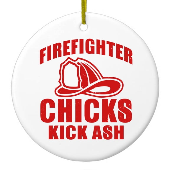 DistinctInk Hanging Ceramic Christmass Tree Ornament with Gold String - Great Gift / Present - 2 3/4 inch diameter - Firefighter Chicks Kick ASH