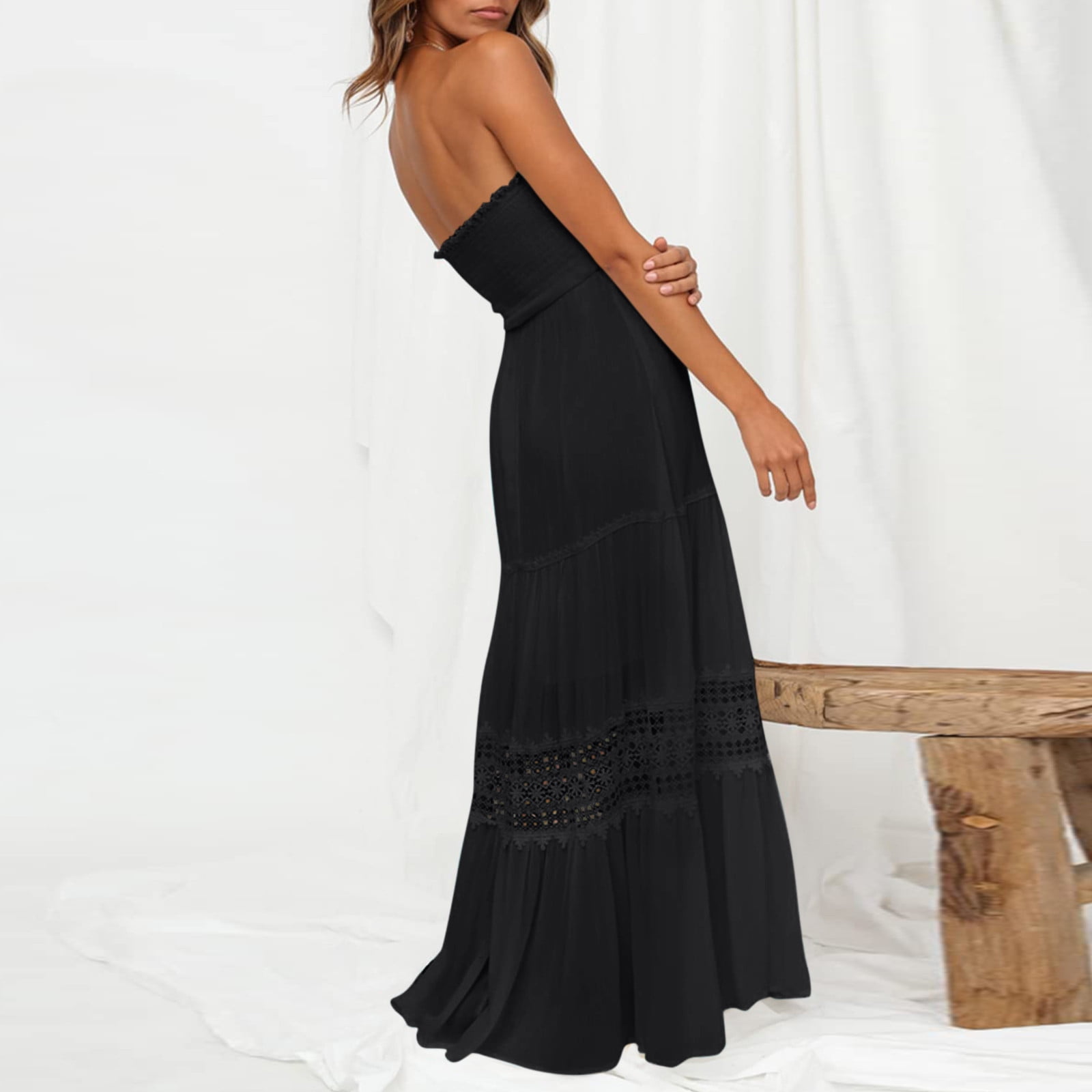 Womens Dresses Casual Summer Bohemian Strapless Off Shoulder Lace Trim Backless Flowy A Line Beach Long Maxi Dress