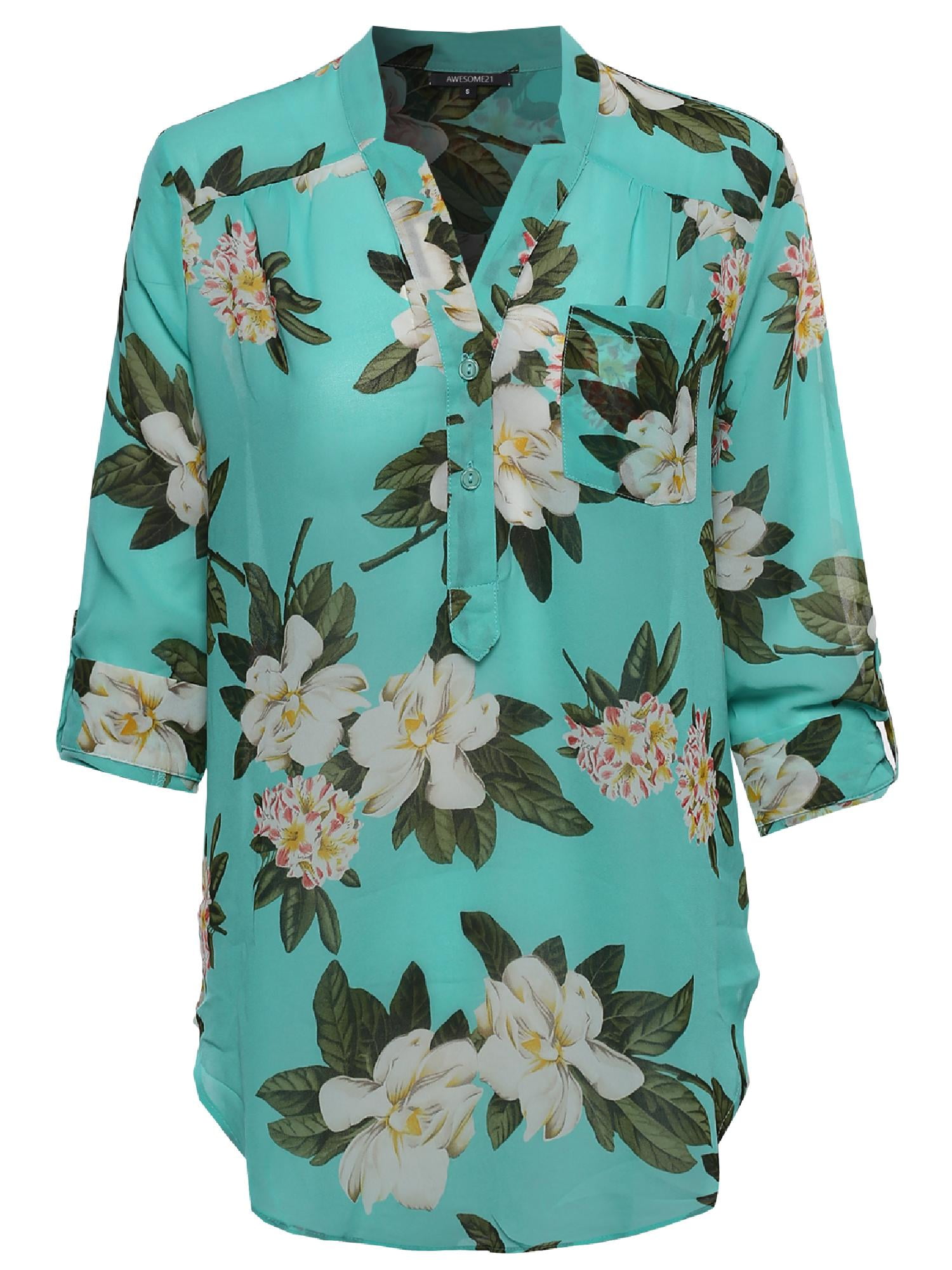 FashionOutfit Women's Floral Henley Blouse Dress Shirt