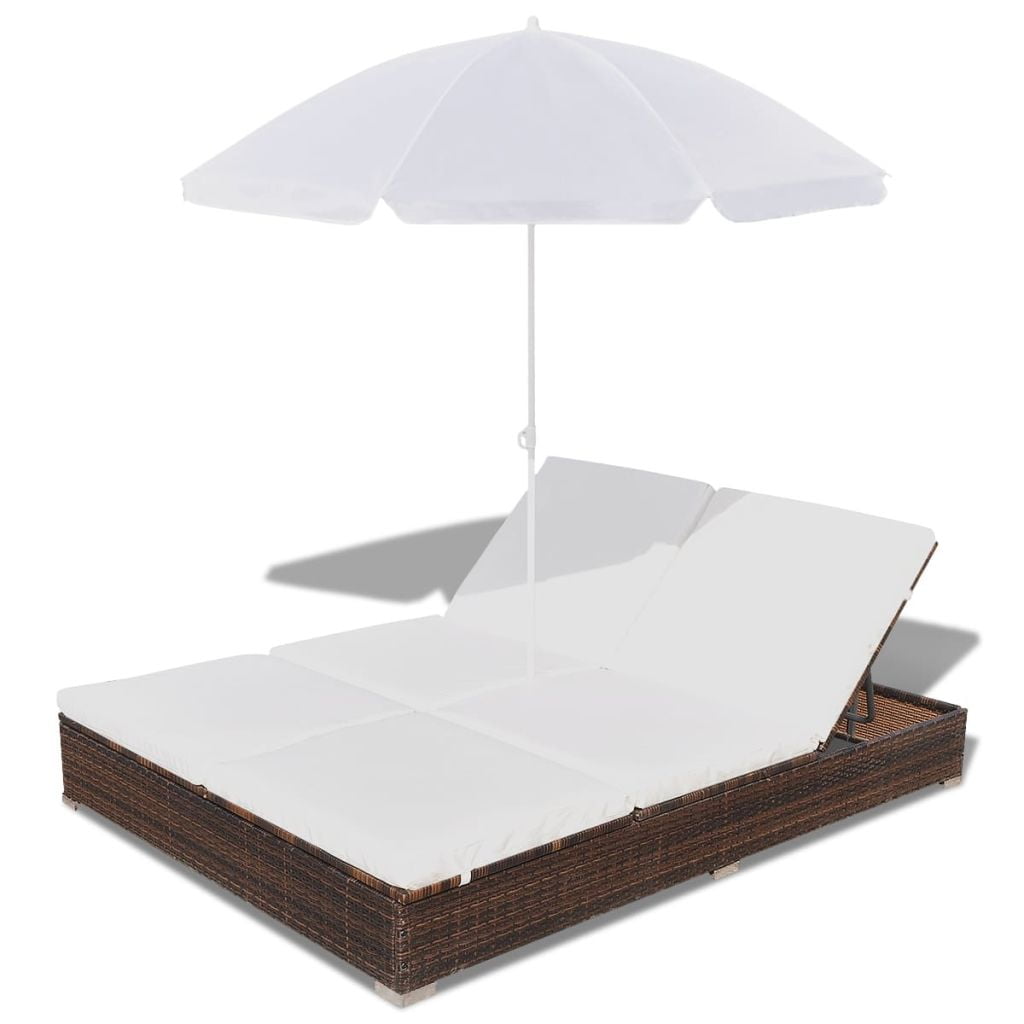 Kepooman Outdoor Poly 2-Seat Adjustable Rattan Lounge Bed with Parasol for Patio Beach, Brown Kepooman Outdoor Poly 2-Seat Adjustable Rattan Lounge Bed with Parasol for Patio Beach, Brown