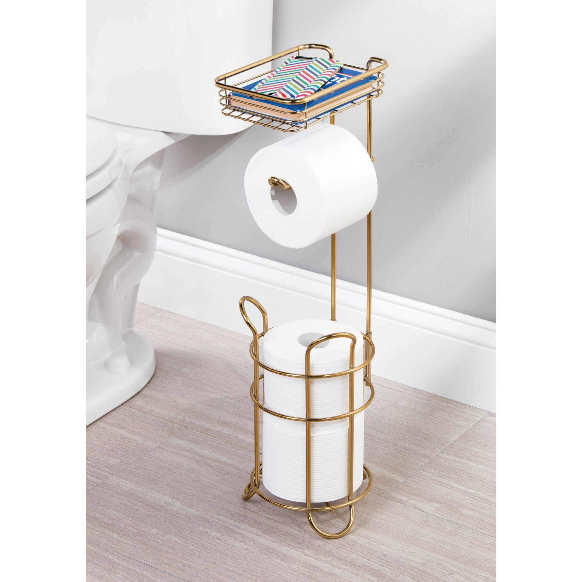 Free-Standing Toilet Roll Holder and Storage Basket Unit Toilet Paper Dispenser for 1 Roll White mDesign Toilet Roll Holder with Storage Shelf 