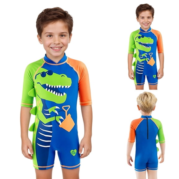 JAJAHO Boys One Piece Swimsuit With Matching Swim Cap 2 Piece Set Cartoon Dinosaur Sun Rash Guard Beachwear For Toddler And Kids 2-8Y Trendy Swimwear