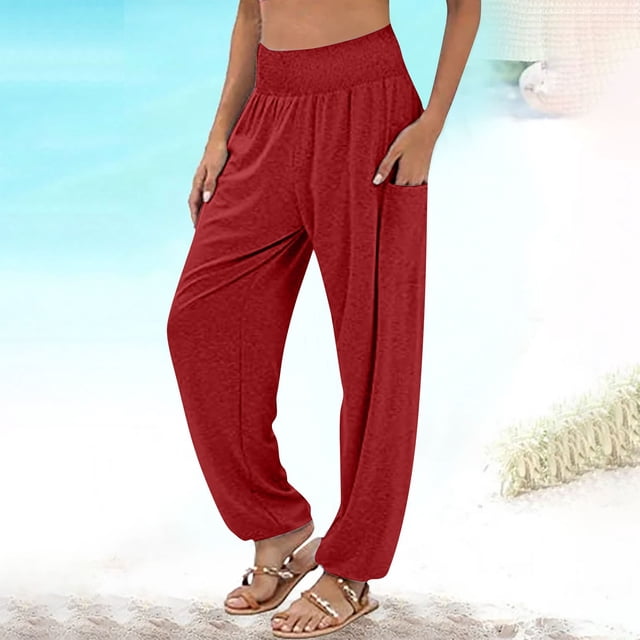 AherBiu Plus Size Womens Sweatpants High Waisted Stretch Lightweight Joggers Fall Solid Color Casual Trousers with Pockets