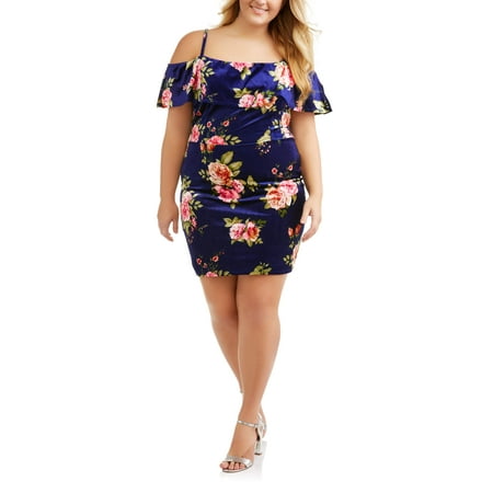 Juniors' Plus Marilyn Neckline Floral Print Velvet Bodycon Dress